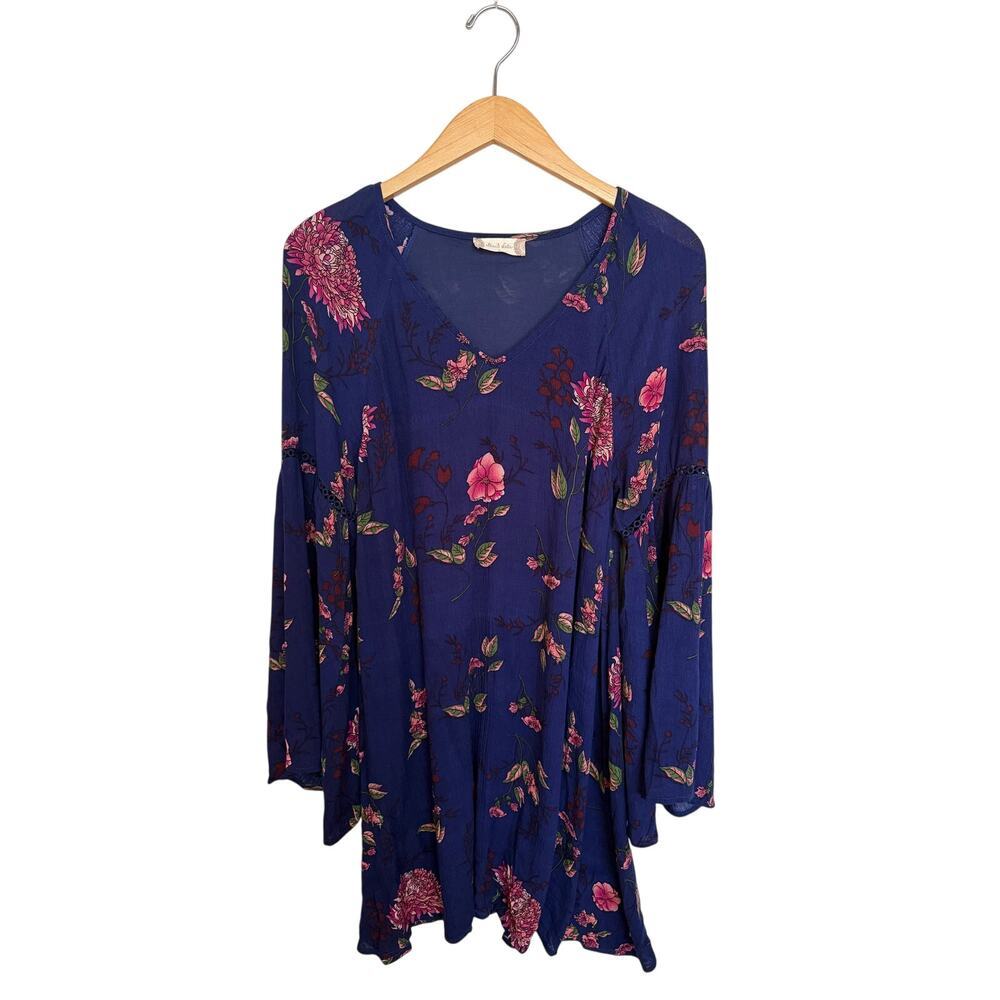 Altar’d State Floral Tunic Dress Women’s Size S Navy Blue Pink Bell Sleeves Boho